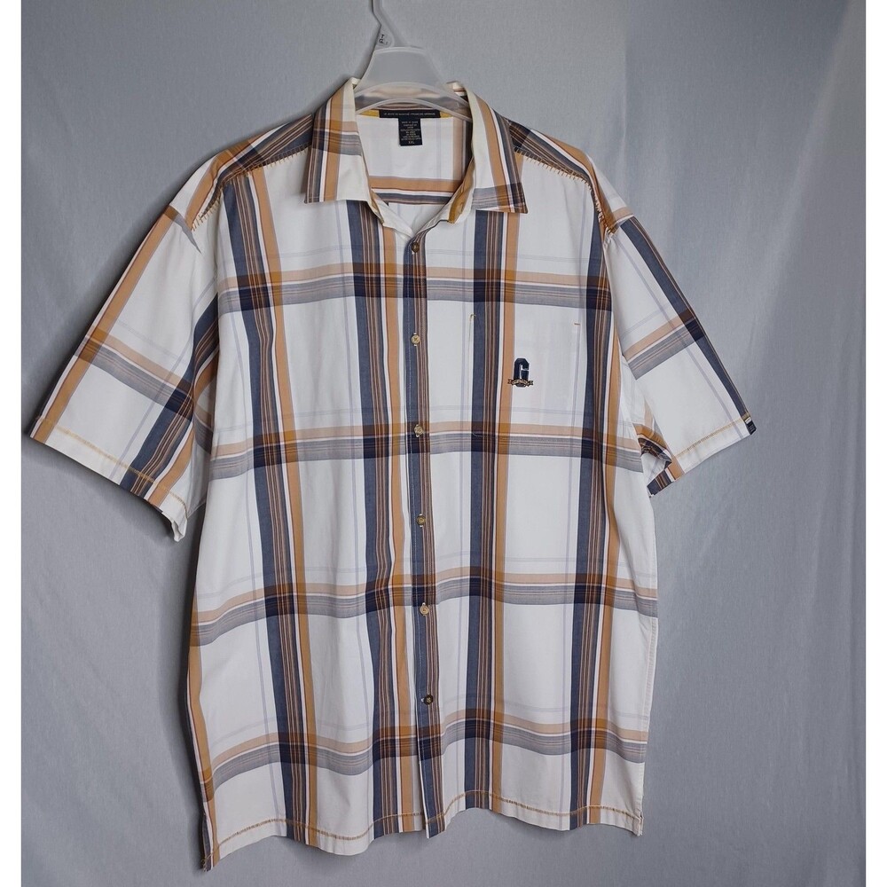 Marithe Francois Girbaud Shirt Mens 2XL White Tan Blue Plaid Short Sleeve Casual